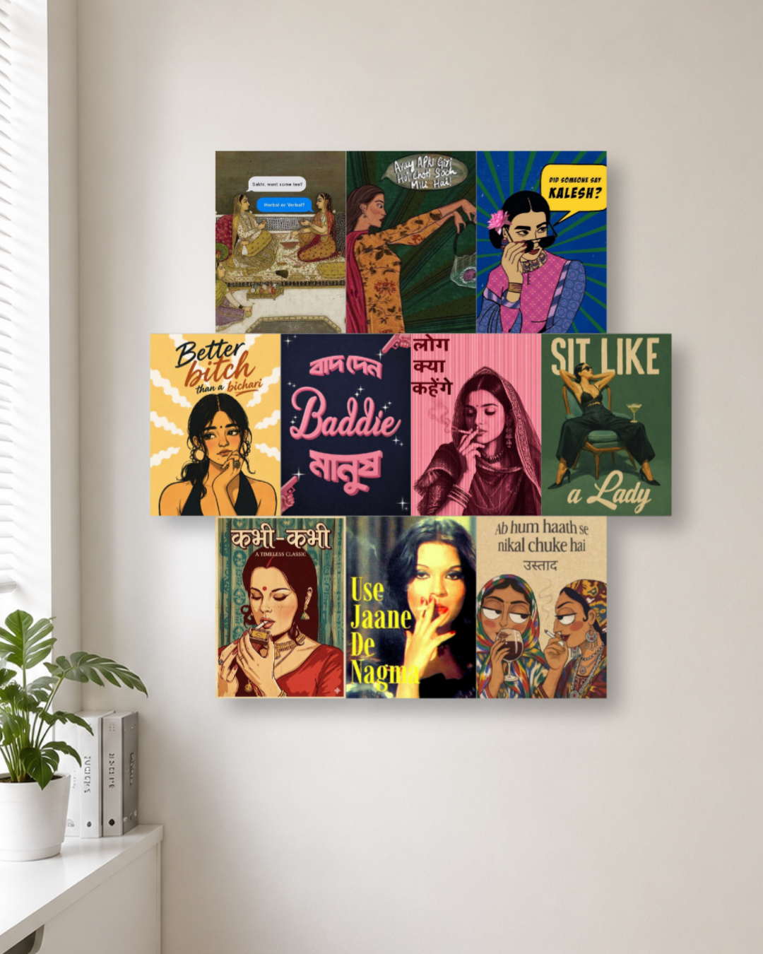 Desi Baddie Poster Kit – Retro Bollywood, Sarcastic Hindi Typography & Feminist Pop-Art Wall Collage Set for Room Decor