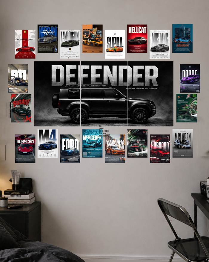 Defender Car Poster Set of 23 Pieces | 3 Split Wall Posters & 20 Sports Car Posters for Bedroom, Gaming Room & Car Lovers