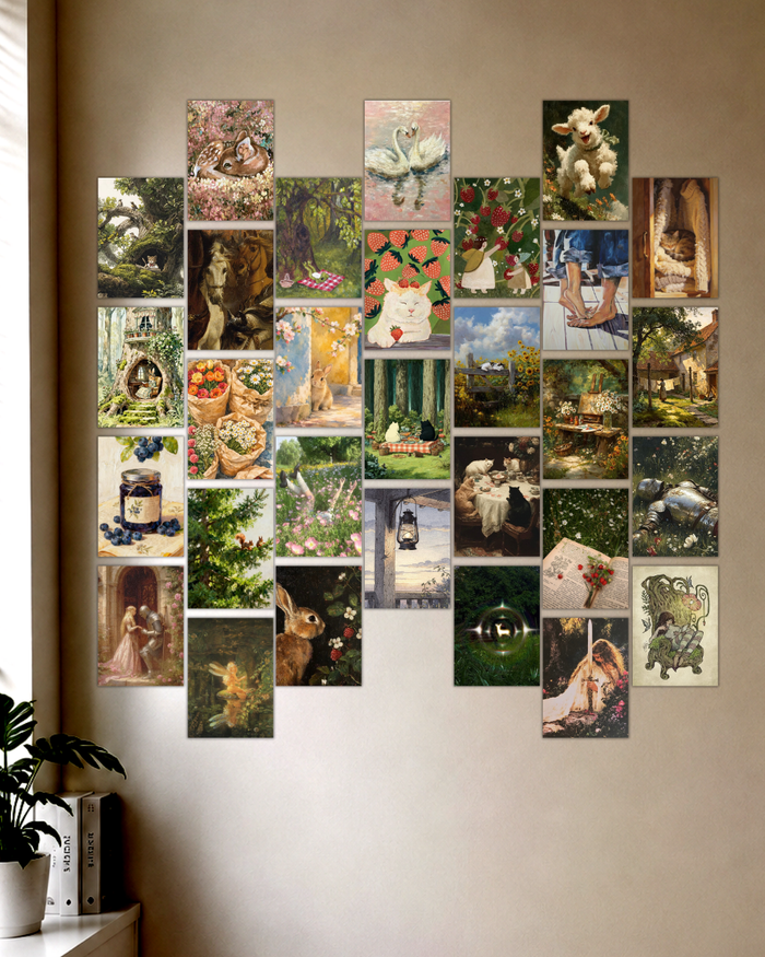 Cottagecore & Fairytale Aesthetic Poster Kit – Vintage Nature, Forest Animals, Whimsical Art & Romantic Wall Collage Set for Room Decor