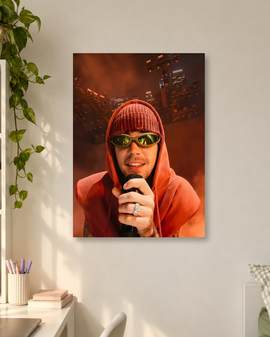Justin Bieber Performing Live in Pink Hoodie and Futuristic Glasses Poster