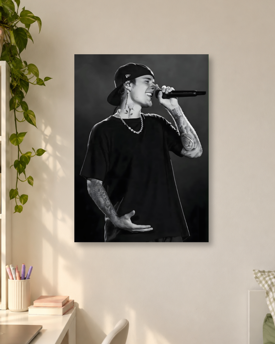 Justin Bieber Black and White Live Concert Singing Close Up Poster