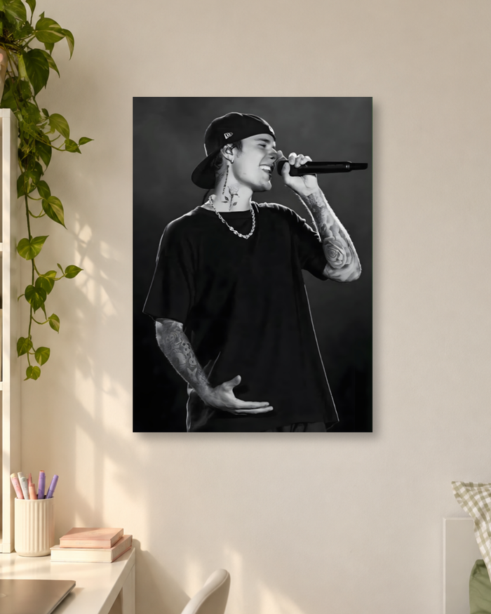 Justin Bieber Black and White Live Concert Singing Close Up Poster
