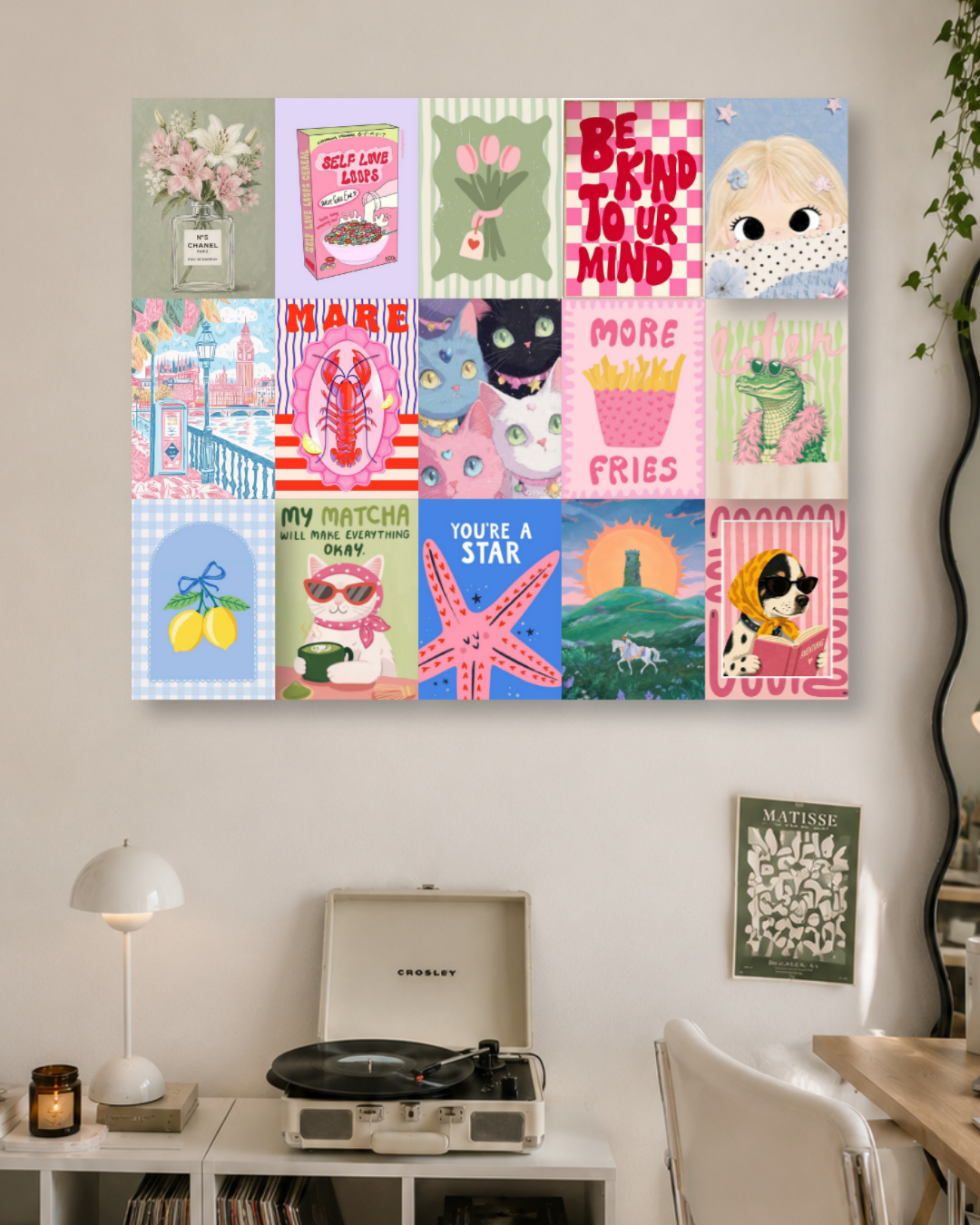 Pastel Cutecore Wall Collage Kit – Y2K Pastel, Cute Animals, Matchacore & Uplifting Aesthetic Prints for Room Decor