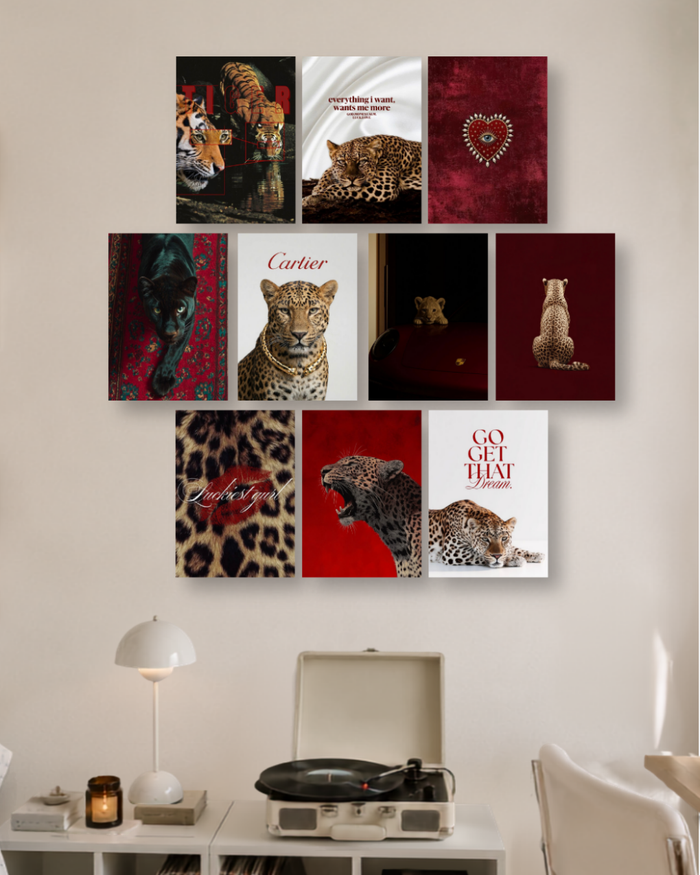 Crimson Tiger & Big Cat Poster Kit – Luxury Panther, Leopard, Cartier Style & Red Velvet Aesthetic Wall Collage Set for Room Decor