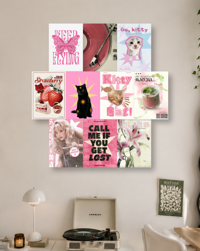 Pink Preppy & Kitty Poster Kit – Strawberry Matcha, Cute Cat, Sabrina Carpenter & Tyler, The Creator Wall Collage Set for Room Decor
