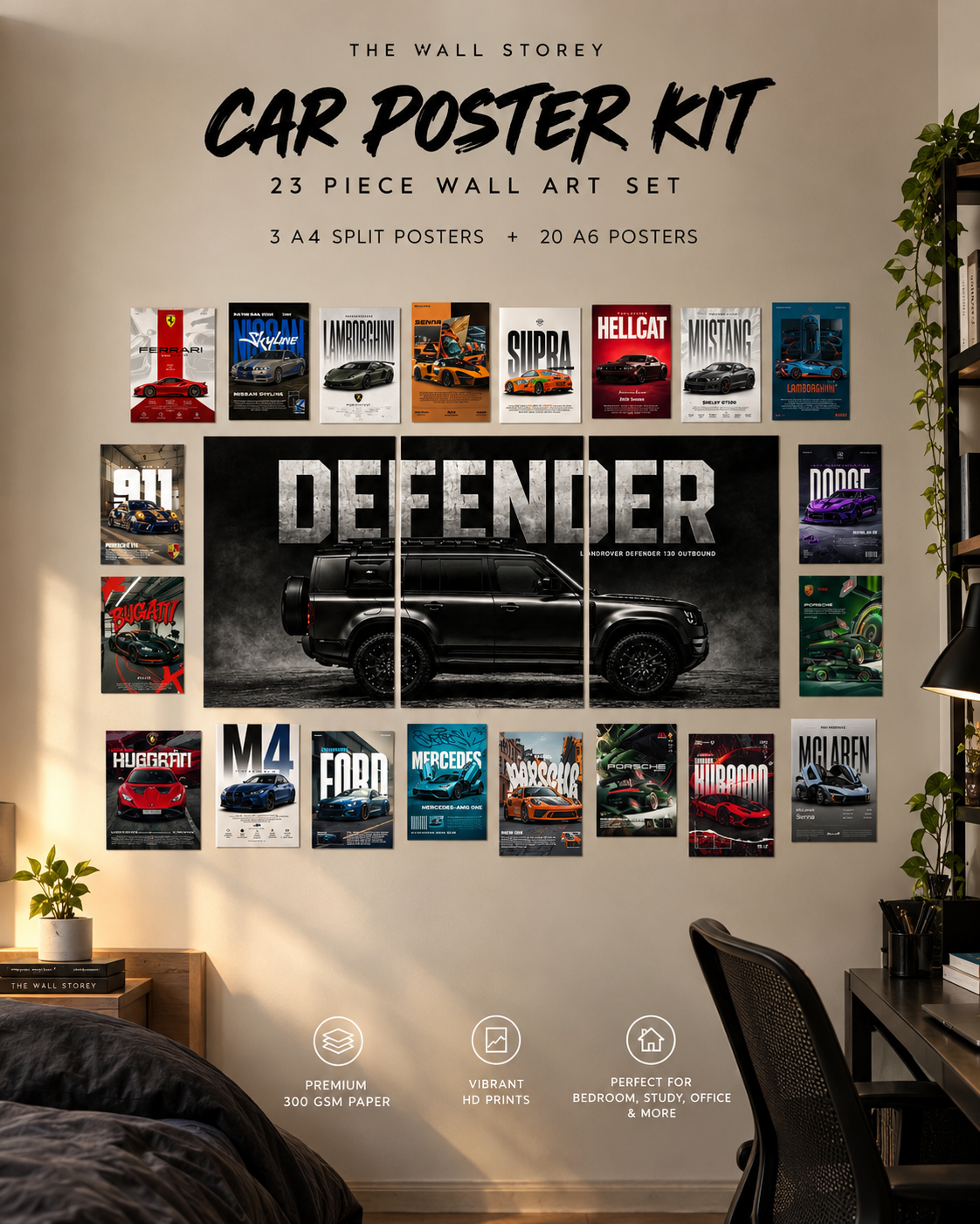 Defender Car Poster Set of 23 Pieces | 3 Split Wall Posters & 20 Sports Car Posters for Bedroom, Gaming Room & Car Lovers