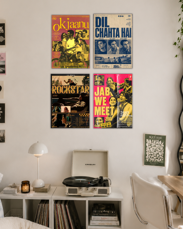 4 Pcs Bollywood Aesthetic Poster Kit – A4 Cult Classics, Jab We Meet, Rockstar, Dil Chahta Hai & OK Jaanu Wall Collage Set for Room Decor